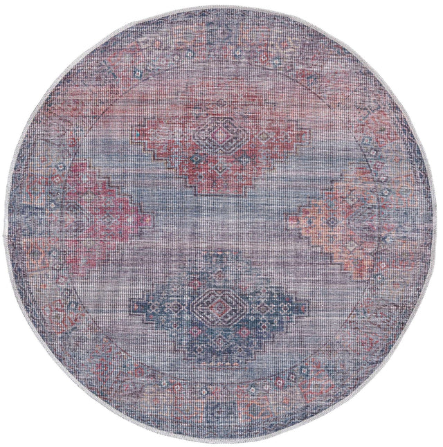 Washable Antique Blue 3' 11 x 3' 11 Sisu Round Area Rug Easy to Clean Stain Resistant & Durable Polyester Chenille Distressed Vintage Look Carpet for Sale at Rug Engine