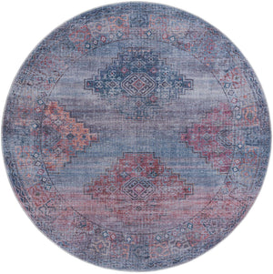 Washable Antique Blue 7' 10 x 7' 10 Sisu Round Area Rug Easy to Clean Stain Resistant & Durable Polyester Chenille Distressed Vintage Look Carpet for Sale at Rug Engine
