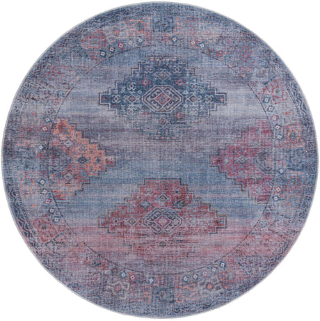 Washable Antique Blue 7' 10 x 7' 10 Sisu Round Area Rug Easy to Clean Stain Resistant & Durable Polyester Chenille Distressed Vintage Look Carpet for Sale at Rug Engine
