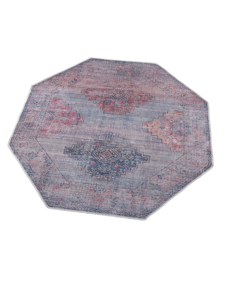 Washable Antique Blue 5' 3 x 5' 3 Sisu Octagon Area Rug Easy to Clean Stain Resistant & Durable Polyester Chenille Distressed Vintage Look Carpet for Sale at Rug Engine