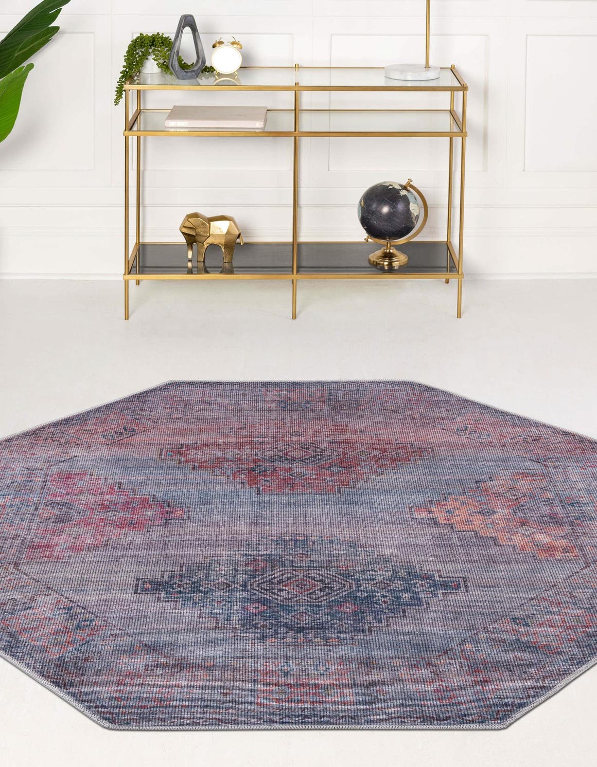 Washable Antique Blue 7' 10 x 7' 10 Sisu Octagon Area Rug Easy to Clean Stain Resistant & Durable Polyester Chenille Distressed Vintage Look Carpet for Sale at Rug Engine