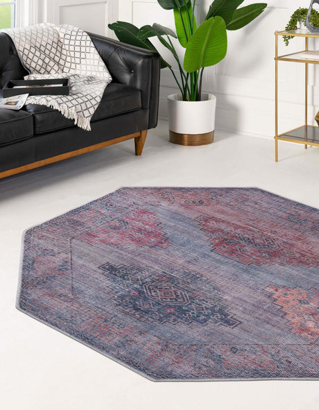 Washable Antique Blue 7' 10 x 7' 10 Sisu Octagon Area Rug Easy to Clean Stain Resistant & Durable Polyester Chenille Distressed Vintage Look Carpet for Sale at Rug Engine