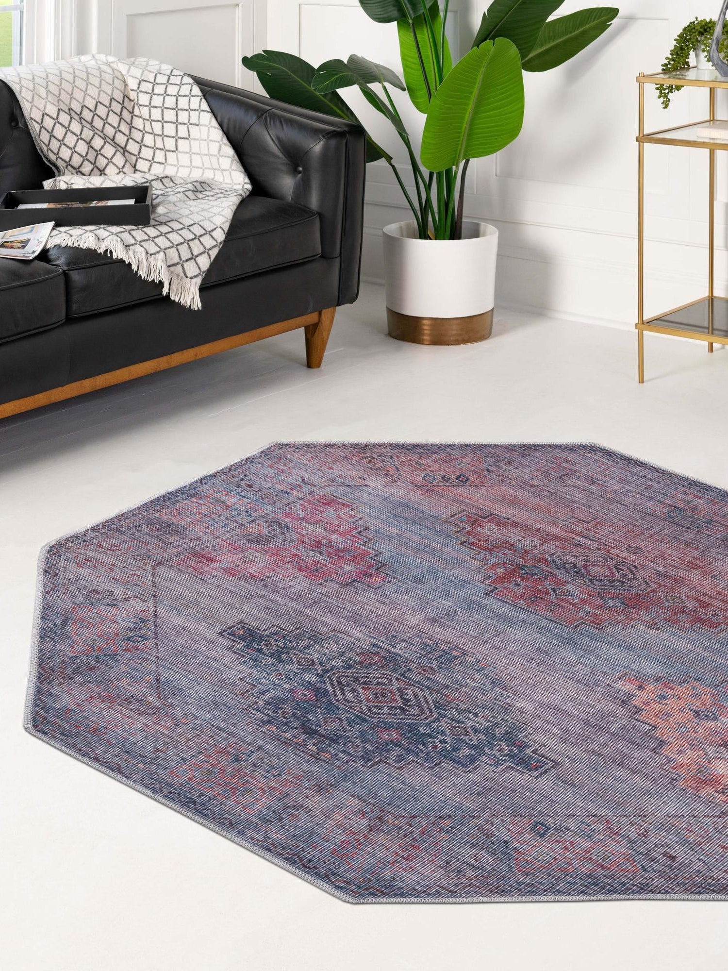 Washable Antique Blue 5' 3 x 5' 3 Sisu Octagon Area Rug Easy to Clean Stain Resistant & Durable Polyester Chenille Distressed Vintage Look Carpet for Sale at Rug Engine