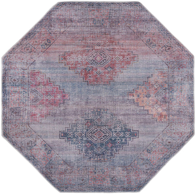 Washable Antique Blue 7' 10 x 7' 10 Sisu Octagon Area Rug Easy to Clean Stain Resistant & Durable Polyester Chenille Distressed Vintage Look Carpet for Sale at Rug Engine