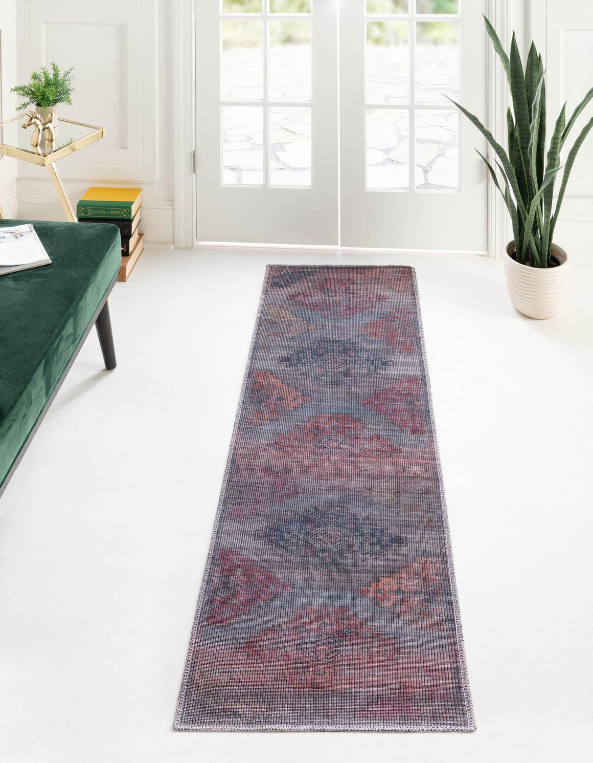 Washable Antique Blue 2' x 6' Sisu Washable Runner Area Rug Easy to Clean Stain Resistant & Durable Polyester Chenille Distressed Vintage Look Carpet for Sale at Rug Engine