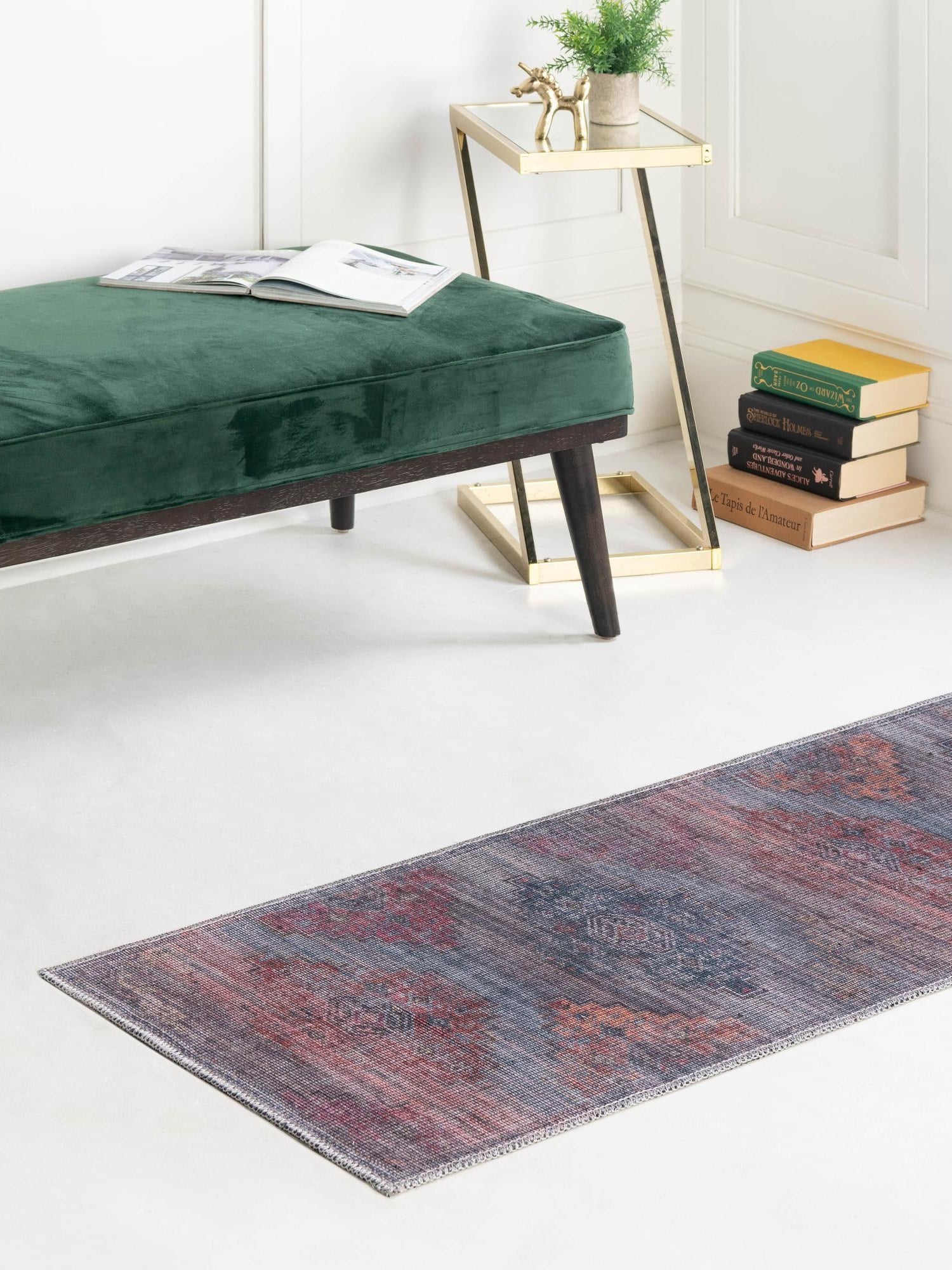 Washable Antique Blue 2' 7 x 14' Sisu Runner Area Rug Easy to Clean Stain Resistant & Durable Polyester Chenille Distressed Vintage Look Carpet for Sale at Rug Engine