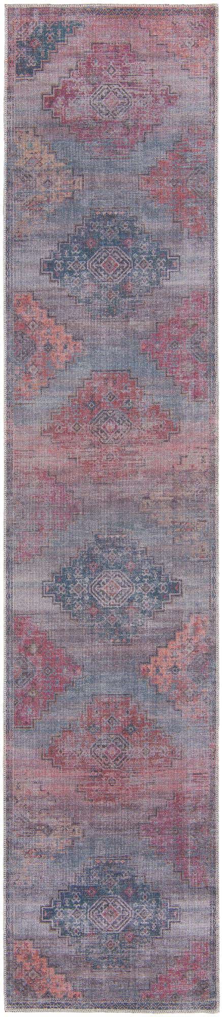 Washable Antique Blue 2' 7 x 12' Sisu Runner Area Rug Easy to Clean Stain Resistant & Durable Polyester Chenille Distressed Vintage Look Carpet for Sale at Rug Engine