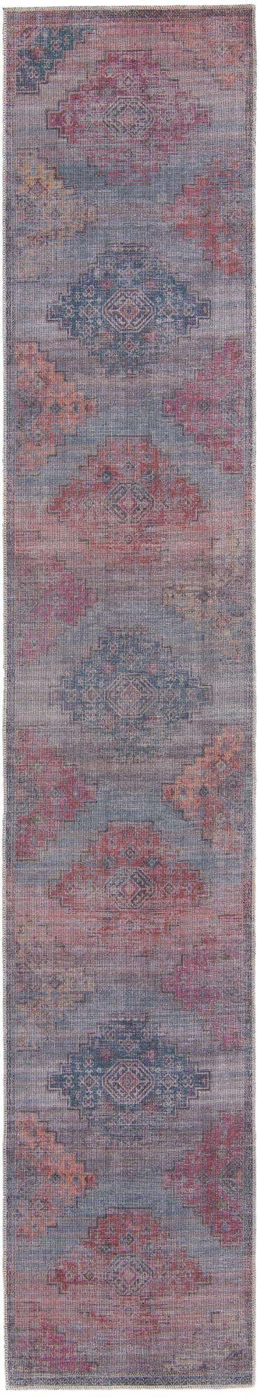Washable Antique Blue 2' 7 x 14' Sisu Runner Area Rug Easy to Clean Stain Resistant & Durable Polyester Chenille Distressed Vintage Look Carpet for Sale at Rug Engine