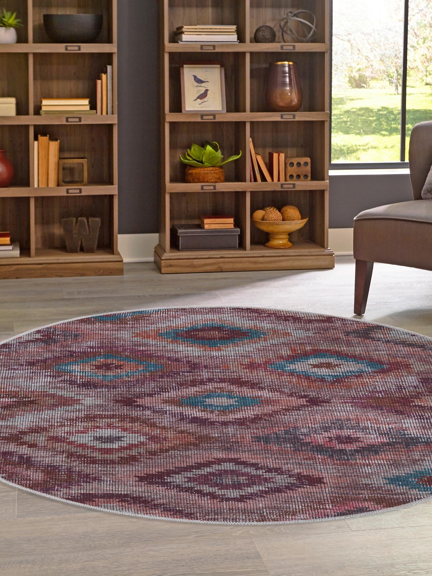 Washable Terracotta 3' 11 x 3' 11 Sisu Round Area Rug Easy to Clean Stain Resistant & Durable Polyester Chenille Distressed Vintage Look Carpet for Sale at Rug Engine