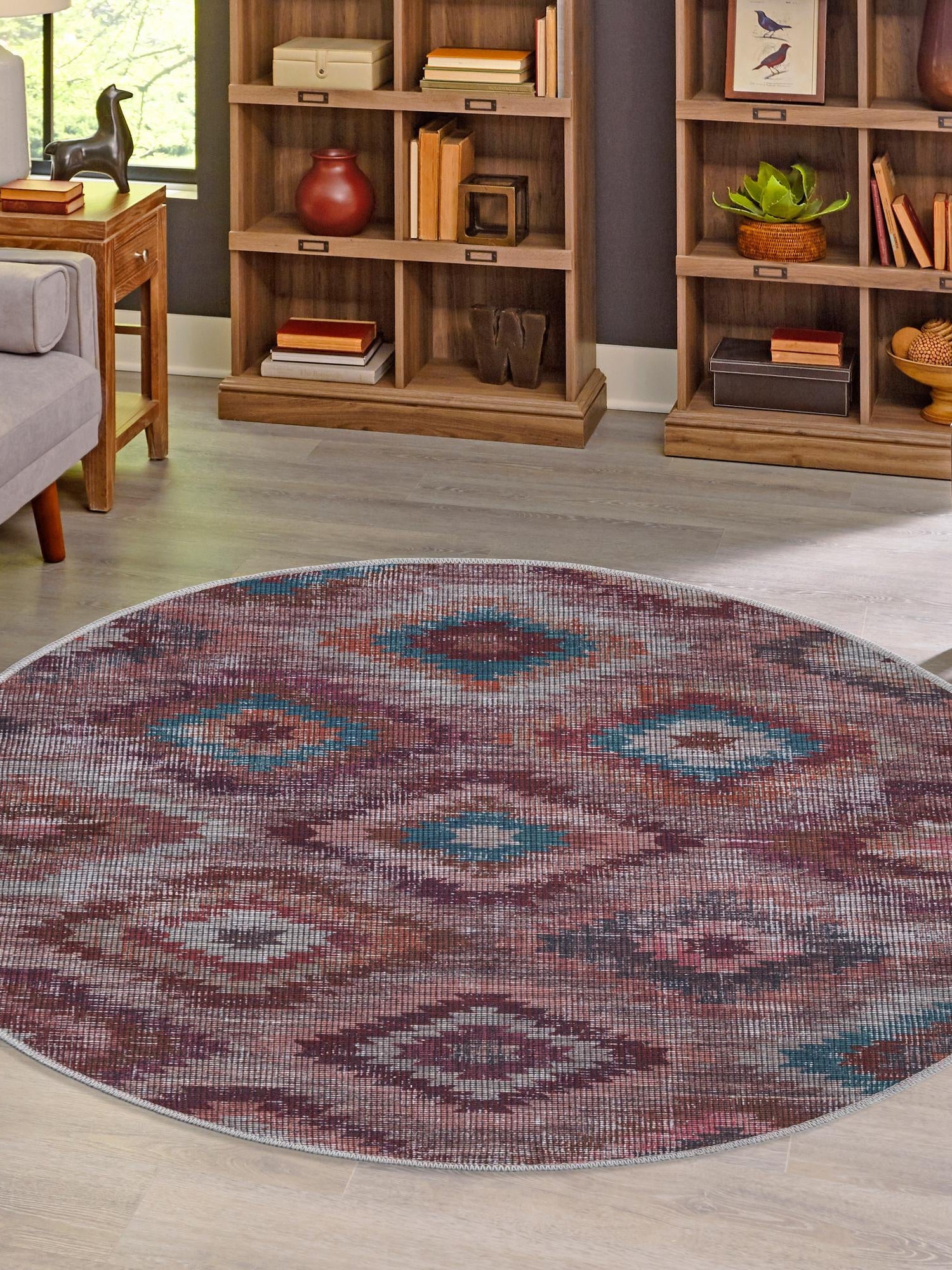 Washable Terracotta 3' 11 x 3' 11 Sisu Round Area Rug Easy to Clean Stain Resistant & Durable Polyester Chenille Distressed Vintage Look Carpet for Sale at Rug Engine
