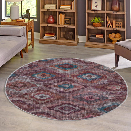 Washable Terracotta 3' 11 x 3' 11 Sisu Round Area Rug Easy to Clean Stain Resistant & Durable Polyester Chenille Distressed Vintage Look Carpet for Sale at Rug Engine