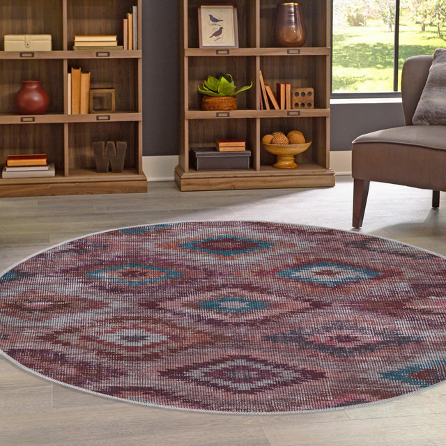 Washable Terracotta 7' 10 x 7' 10 Sisu Round Area Rug Easy to Clean Stain Resistant & Durable Polyester Chenille Distressed Vintage Look Carpet for Sale at Rug Engine
