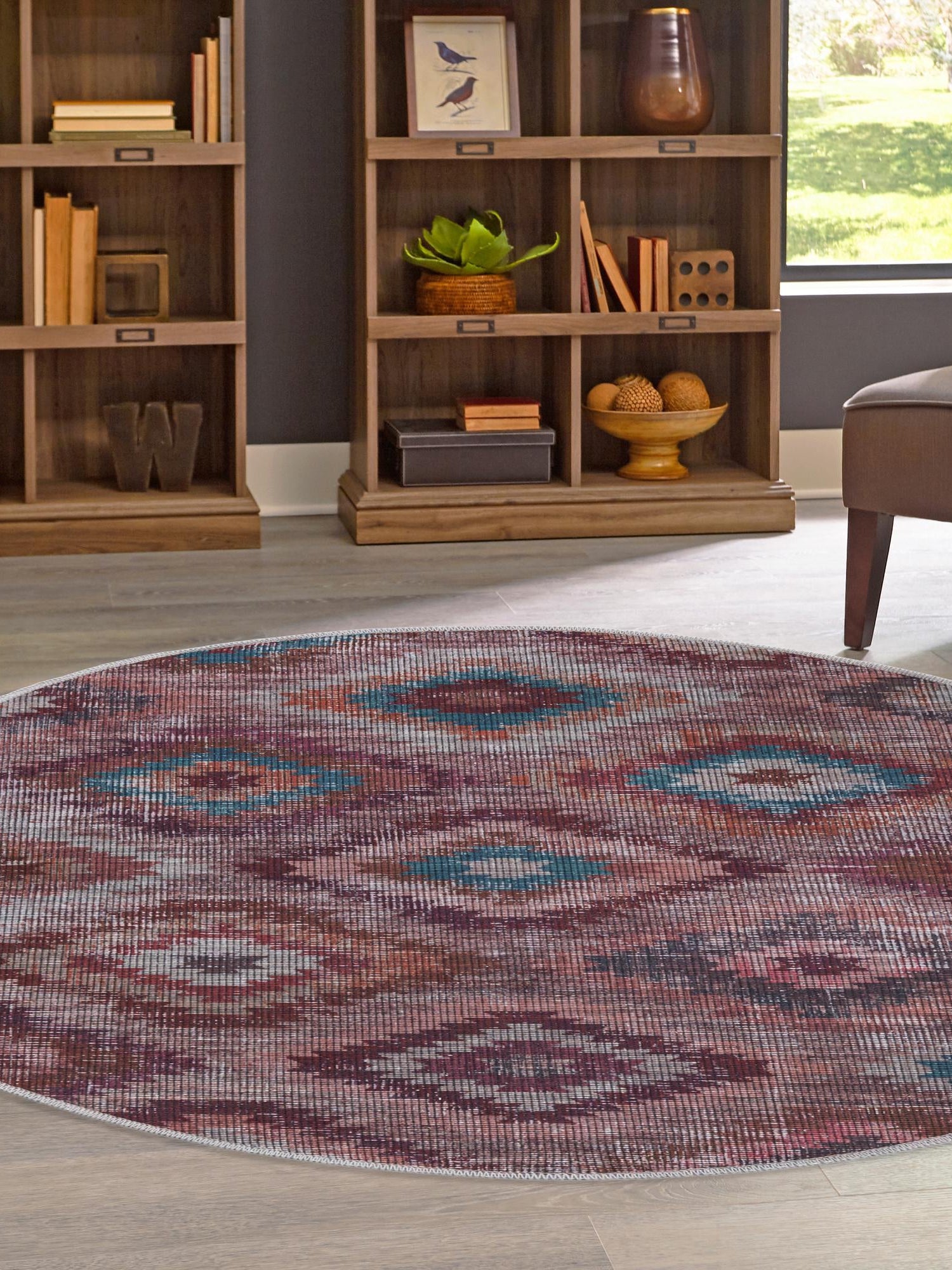 Washable Terracotta 3' 11 x 3' 11 Sisu Round Area Rug Easy to Clean Stain Resistant & Durable Polyester Chenille Distressed Vintage Look Carpet for Sale at Rug Engine