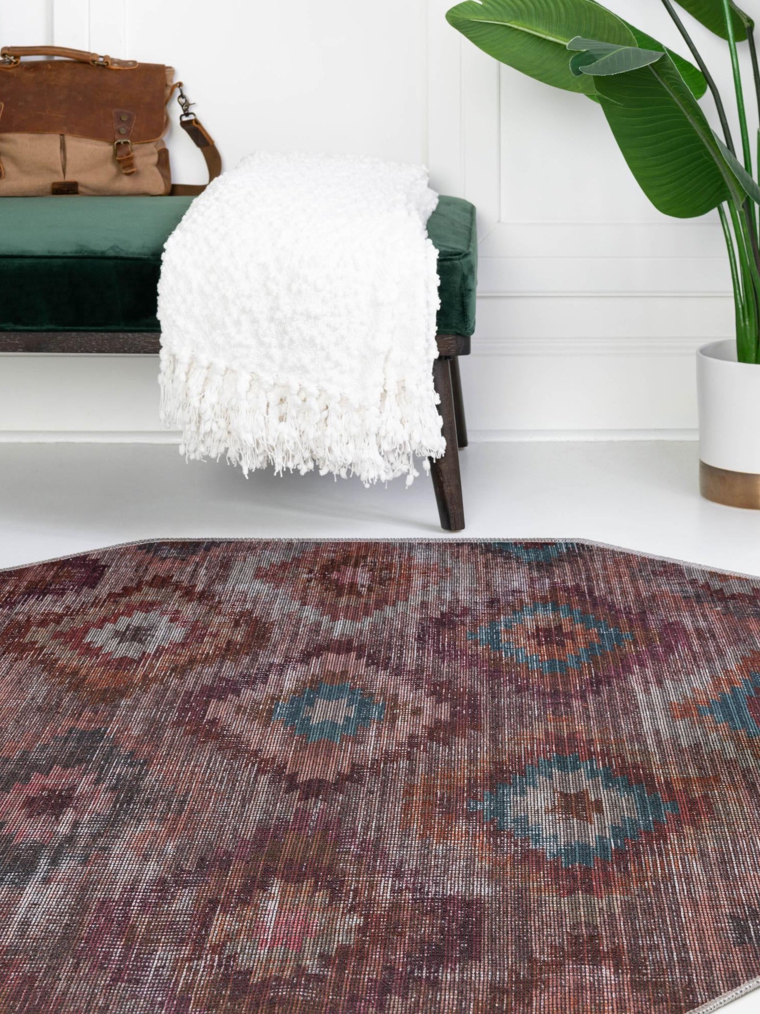 Washable Terracotta 5' 3 x 5' 3 Sisu Octagon Area Rug Easy to Clean Stain Resistant & Durable Polyester Chenille Distressed Vintage Look Carpet for Sale at Rug Engine