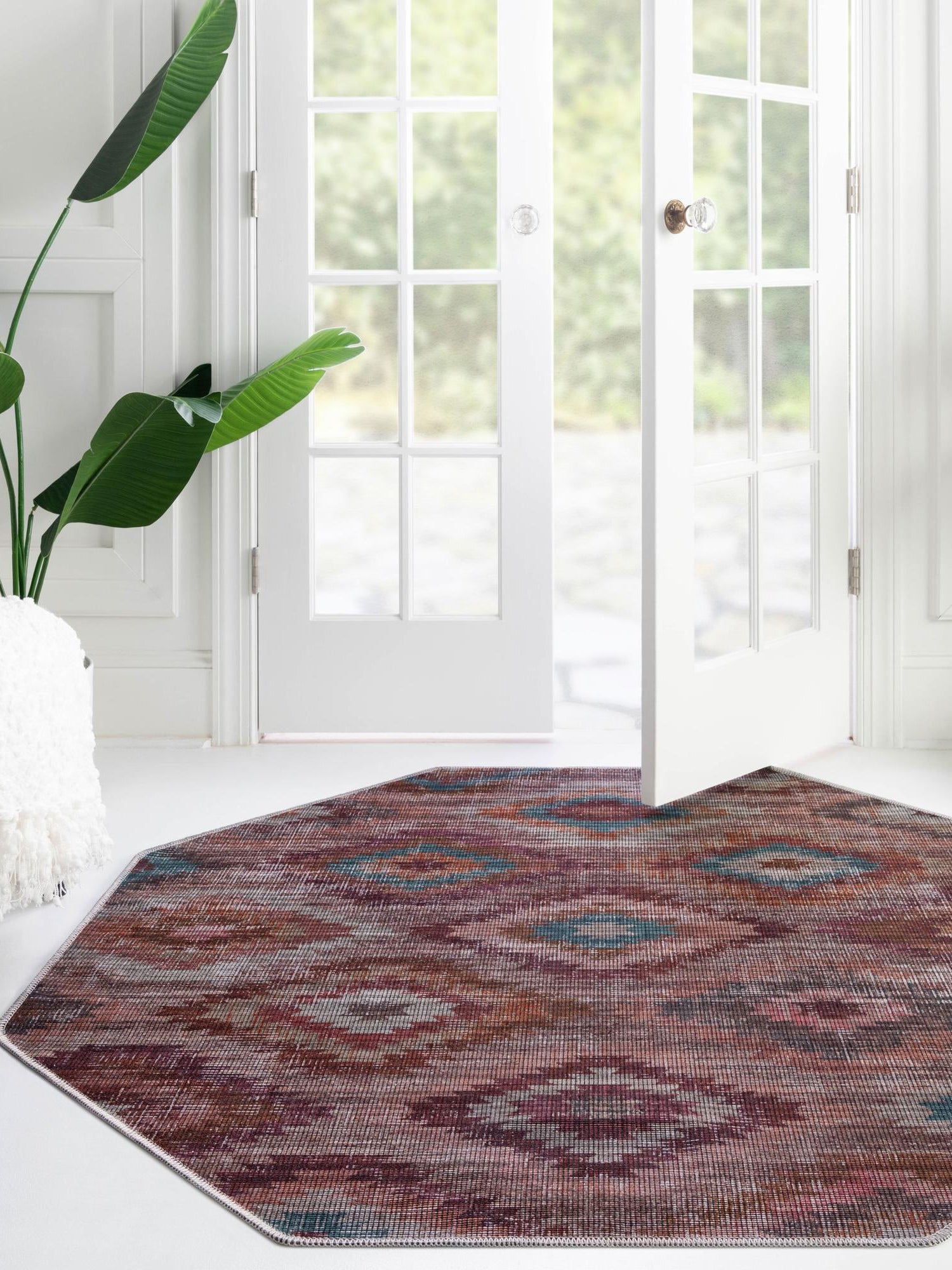 Washable Terracotta 5' 3 x 5' 3 Sisu Octagon Area Rug Easy to Clean Stain Resistant & Durable Polyester Chenille Distressed Vintage Look Carpet for Sale at Rug Engine