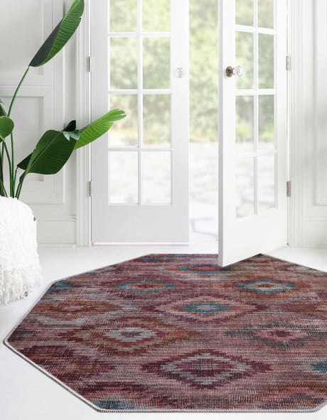 Washable Terracotta 5' 3 x 5' 3 Sisu Octagon Area Rug Easy to Clean Stain Resistant & Durable Polyester Chenille Distressed Vintage Look Carpet for Sale at Rug Engine
