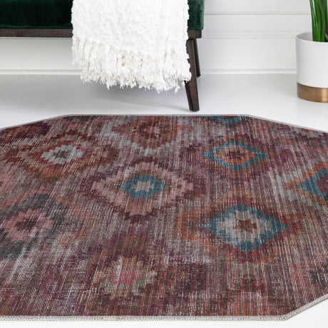 Washable Terracotta 7' 10 x 7' 10 Sisu Octagon Area Rug Easy to Clean Stain Resistant & Durable Polyester Chenille Distressed Vintage Look Carpet for Sale at Rug Engine