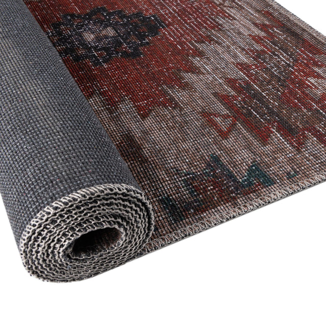 Washable Rust red and Beige 7' 3 x 10' Sisu Rectangle Area Rug Easy to Clean Stain Resistant & Durable Polyester Chenille Distressed Vintage Look Carpet for Sale at Rug Engine