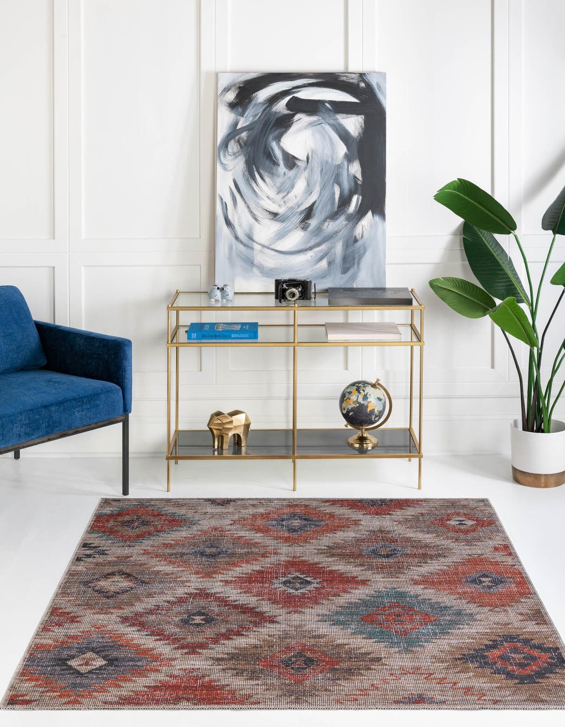 Washable Rust red and Beige 5' 3 x 5' 3 Sisu Square Area Rug Easy to Clean Stain Resistant & Durable Polyester Chenille Distressed Vintage Look Carpet for Sale at Rug Engine
