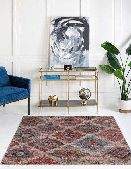 Washable Rust red and Beige 7' 3 x 7' 3 Sisu Square Area Rug Easy to Clean Stain Resistant & Durable Polyester Chenille Distressed Vintage Look Carpet for Sale at Rug Engine