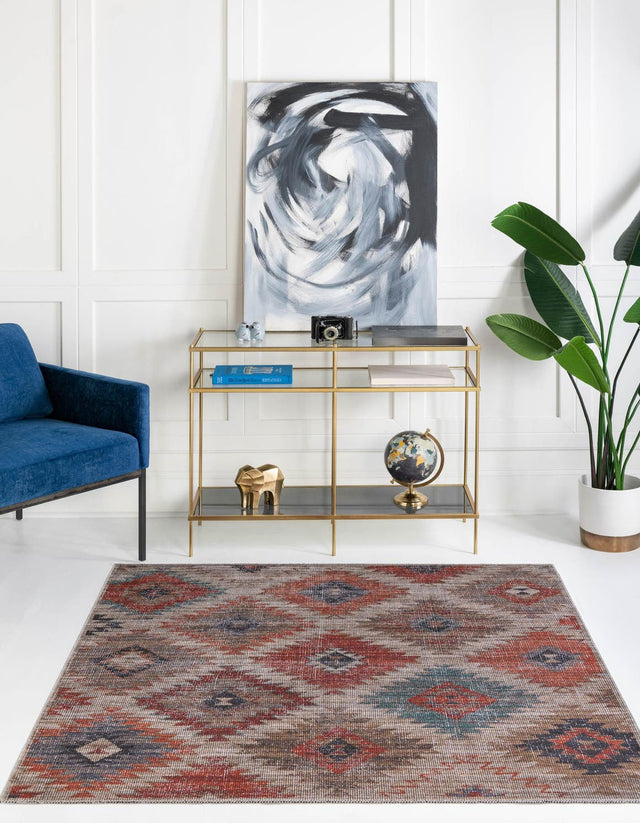 Washable Rust red and Beige 7' 3 x 7' 3 Sisu Square Area Rug Easy to Clean Stain Resistant & Durable Polyester Chenille Distressed Vintage Look Carpet for Sale at Rug Engine