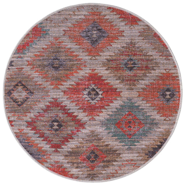 Washable Rust red and Beige 3' 3 x 3' 3 Sisu Round Area Rug Easy to Clean Stain Resistant & Durable Polyester Chenille Distressed Vintage Look Carpet for Sale at Rug Engine