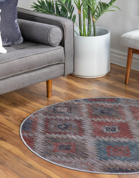 Washable Rust red and Beige 7' 10 x 7' 10 Sisu Round Area Rug Easy to Clean Stain Resistant & Durable Polyester Chenille Distressed Vintage Look Carpet for Sale at Rug Engine