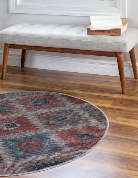 Washable Rust red and Beige 7' 10 x 7' 10 Sisu Round Area Rug Easy to Clean Stain Resistant & Durable Polyester Chenille Distressed Vintage Look Carpet for Sale at Rug Engine