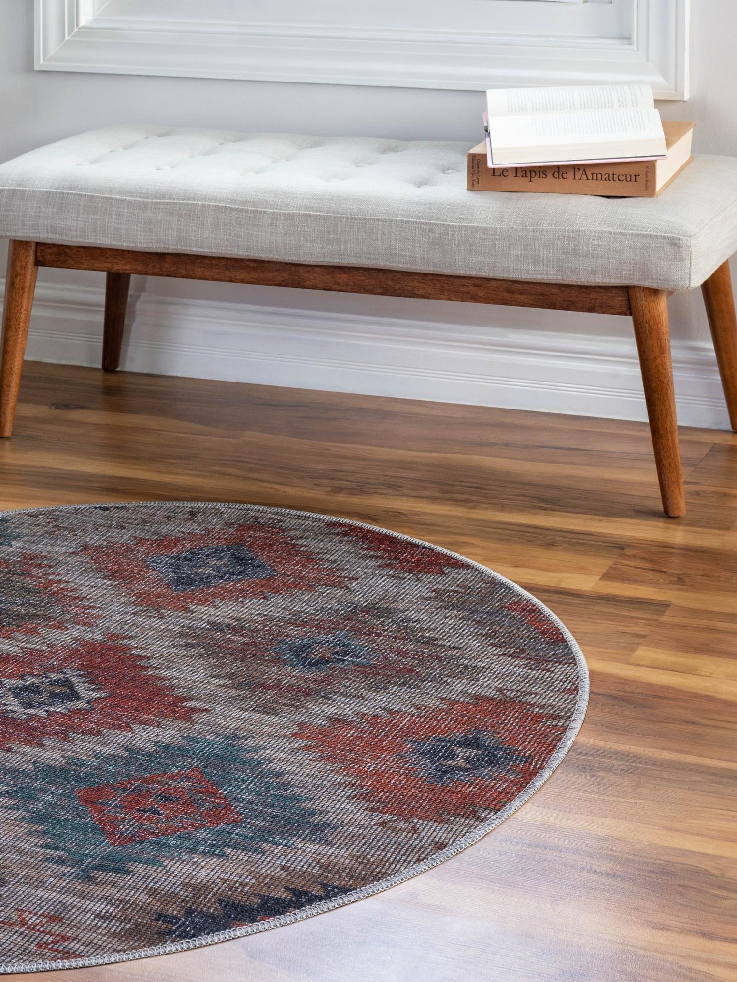 Washable Rust red and Beige 3' 3 x 3' 3 Sisu Round Area Rug Easy to Clean Stain Resistant & Durable Polyester Chenille Distressed Vintage Look Carpet for Sale at Rug Engine