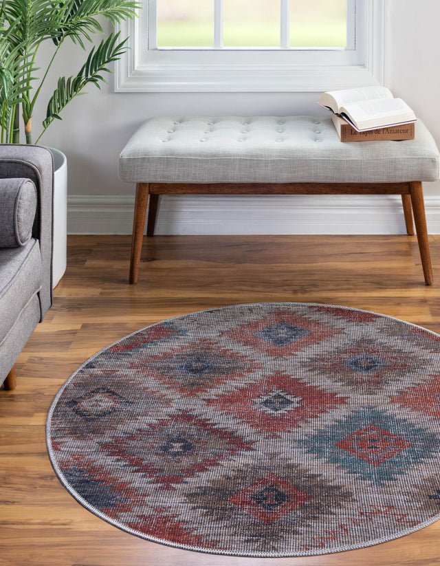 Washable Rust red and Beige 3' 3 x 3' 3 Sisu Round Area Rug Easy to Clean Stain Resistant & Durable Polyester Chenille Distressed Vintage Look Carpet for Sale at Rug Engine
