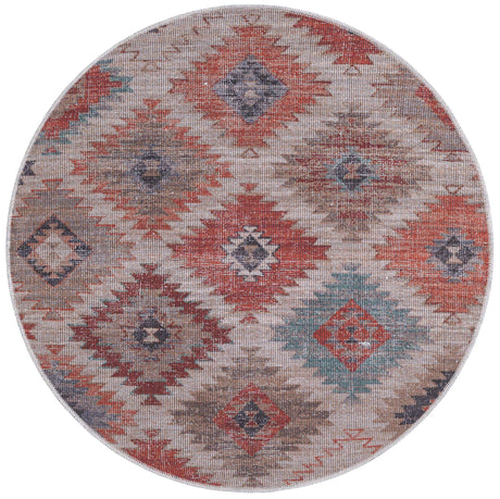 Washable Rust red and Beige 3' 11 x 3' 11 Sisu Round Area Rug Easy to Clean Stain Resistant & Durable Polyester Chenille Distressed Vintage Look Carpet for Sale at Rug Engine