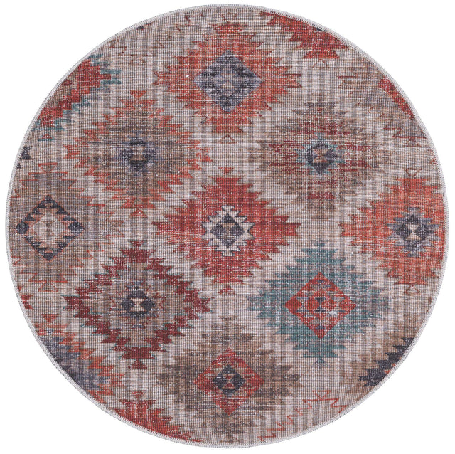 Washable Rust red and Beige 3' 11 x 3' 11 Sisu Round Area Rug Easy to Clean Stain Resistant & Durable Polyester Chenille Distressed Vintage Look Carpet for Sale at Rug Engine