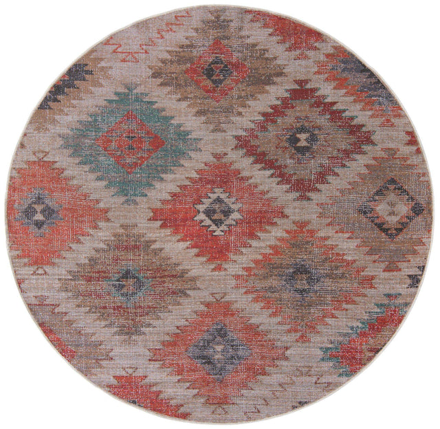 Washable Rust red and Beige 7' 10 x 7' 10 Sisu Round Area Rug Easy to Clean Stain Resistant & Durable Polyester Chenille Distressed Vintage Look Carpet for Sale at Rug Engine