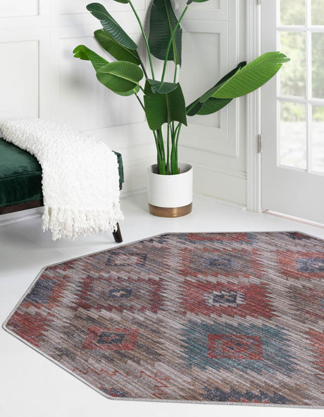 Washable Rust red and Beige 5' 3 x 5' 3 Sisu Octagon Area Rug Easy to Clean Stain Resistant & Durable Polyester Chenille Distressed Vintage Look Carpet for Sale at Rug Engine