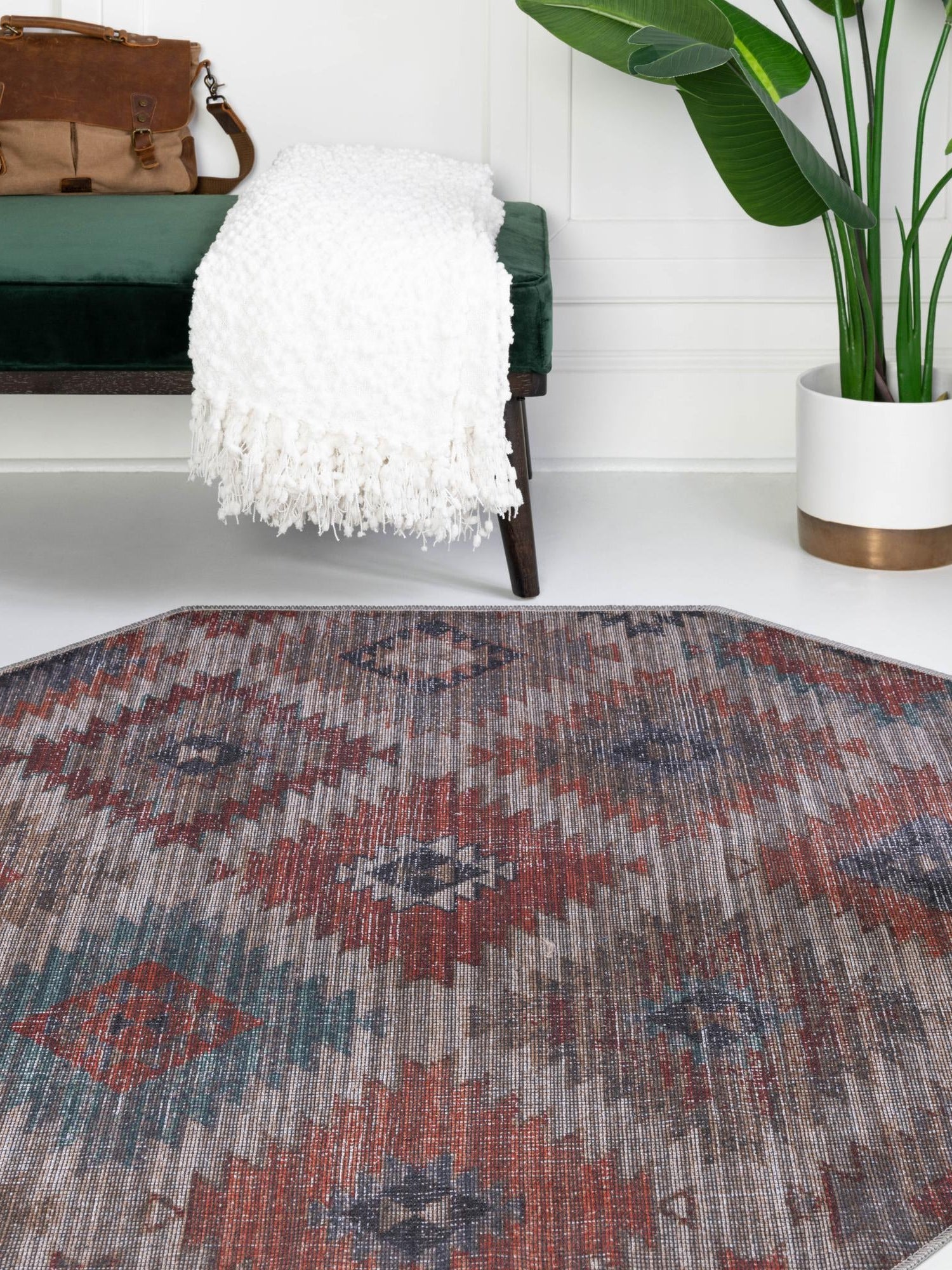 Washable Rust red and Beige 7' 10 x 7' 10 Sisu Octagon Area Rug Easy to Clean Stain Resistant & Durable Polyester Chenille Distressed Vintage Look Carpet for Sale at Rug Engine