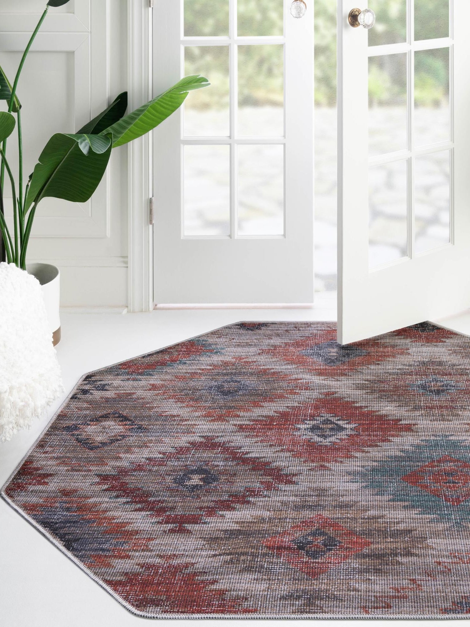 Washable Rust red and Beige 7' 10 x 7' 10 Sisu Octagon Area Rug Easy to Clean Stain Resistant & Durable Polyester Chenille Distressed Vintage Look Carpet for Sale at Rug Engine