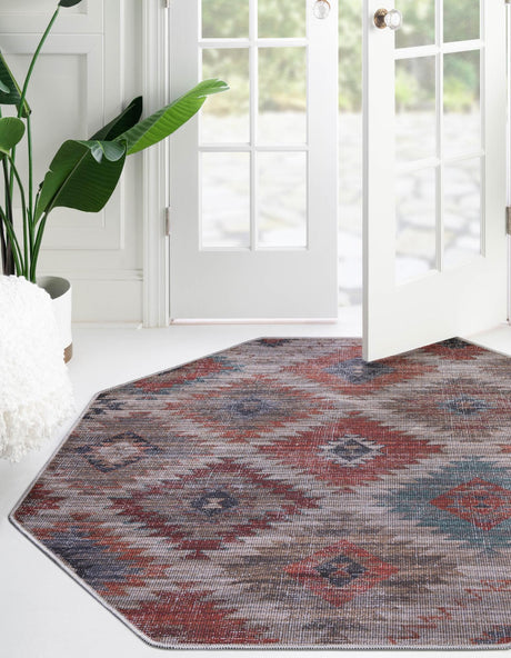 Washable Rust red and Beige 7' 10 x 7' 10 Sisu Octagon Area Rug Easy to Clean Stain Resistant & Durable Polyester Chenille Distressed Vintage Look Carpet for Sale at Rug Engine