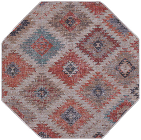 Washable Rust red and Beige 5' 3 x 5' 3 Sisu Octagon Area Rug Easy to Clean Stain Resistant & Durable Polyester Chenille Distressed Vintage Look Carpet for Sale at Rug Engine