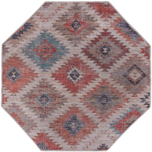 Washable Rust red and Beige 7' 10 x 7' 10 Sisu Octagon Area Rug Easy to Clean Stain Resistant & Durable Polyester Chenille Distressed Vintage Look Carpet for Sale at Rug Engine