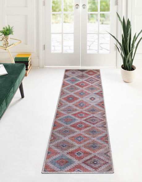 Washable Rust red and Beige 2' x 10' Sisu Runner Area Rug Easy to Clean Stain Resistant & Durable Polyester Chenille Distressed Vintage Look Carpet for Sale at Rug Engine