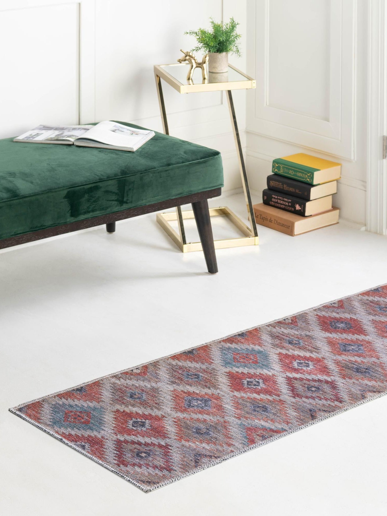 Washable Rust red and Beige 2' x 5' Sisu Washable Runner Area Rug Easy to Clean Stain Resistant & Durable Polyester Chenille Distressed Vintage Look Carpet for Sale at Rug Engine