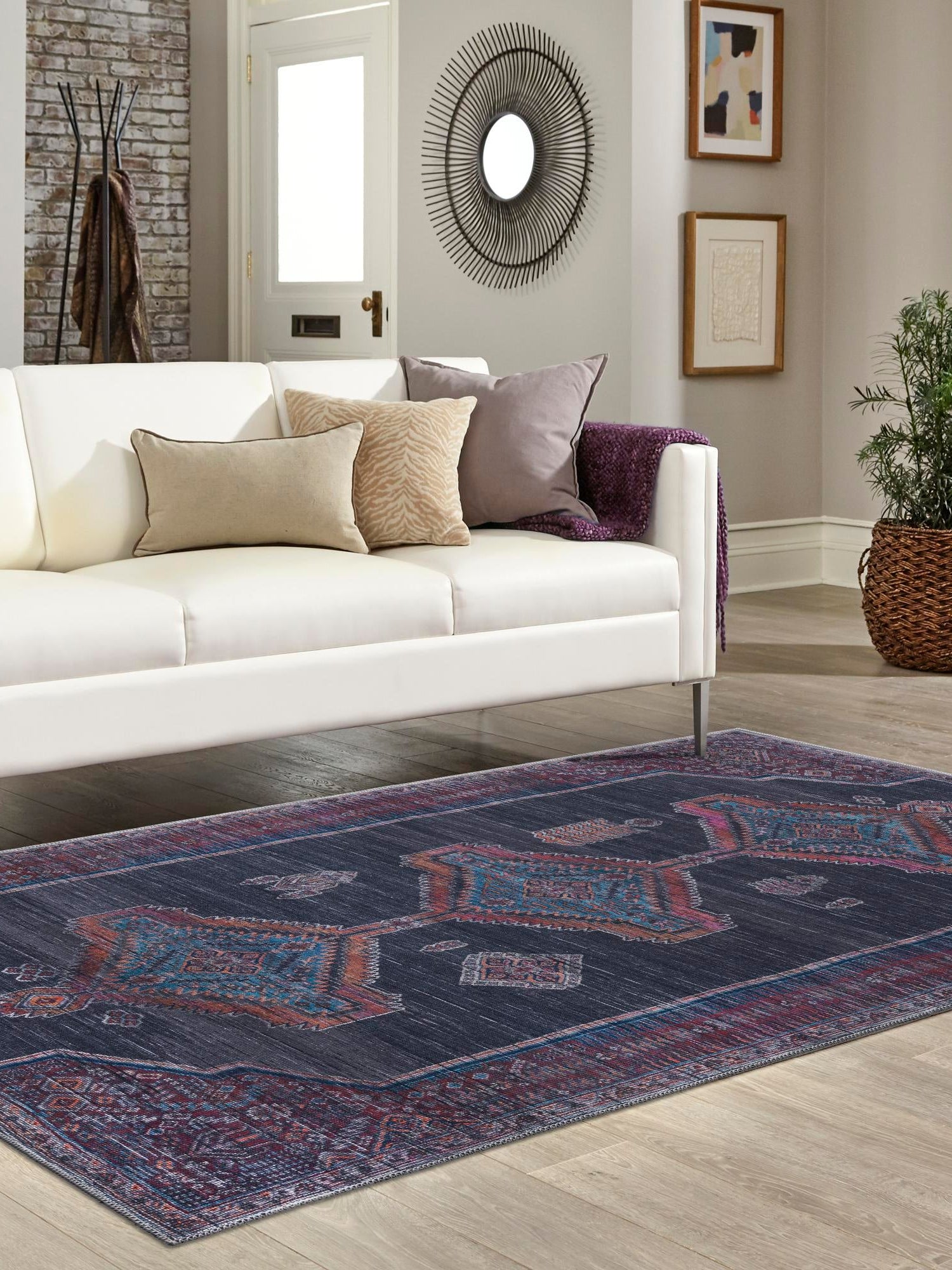 Washable Charcoal and Gray 6' 1 x 9' Sisu Rectangle Area Rug Easy to Clean Stain Resistant & Durable Polyester Chenille Distressed Vintage Look Carpet for Sale at Rug Engine