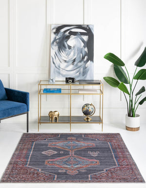 Washable Charcoal and Gray 5' 3 x 5' 3 Sisu Square Area Rug Easy to Clean Stain Resistant & Durable Polyester Chenille Distressed Vintage Look Carpet for Sale at Rug Engine