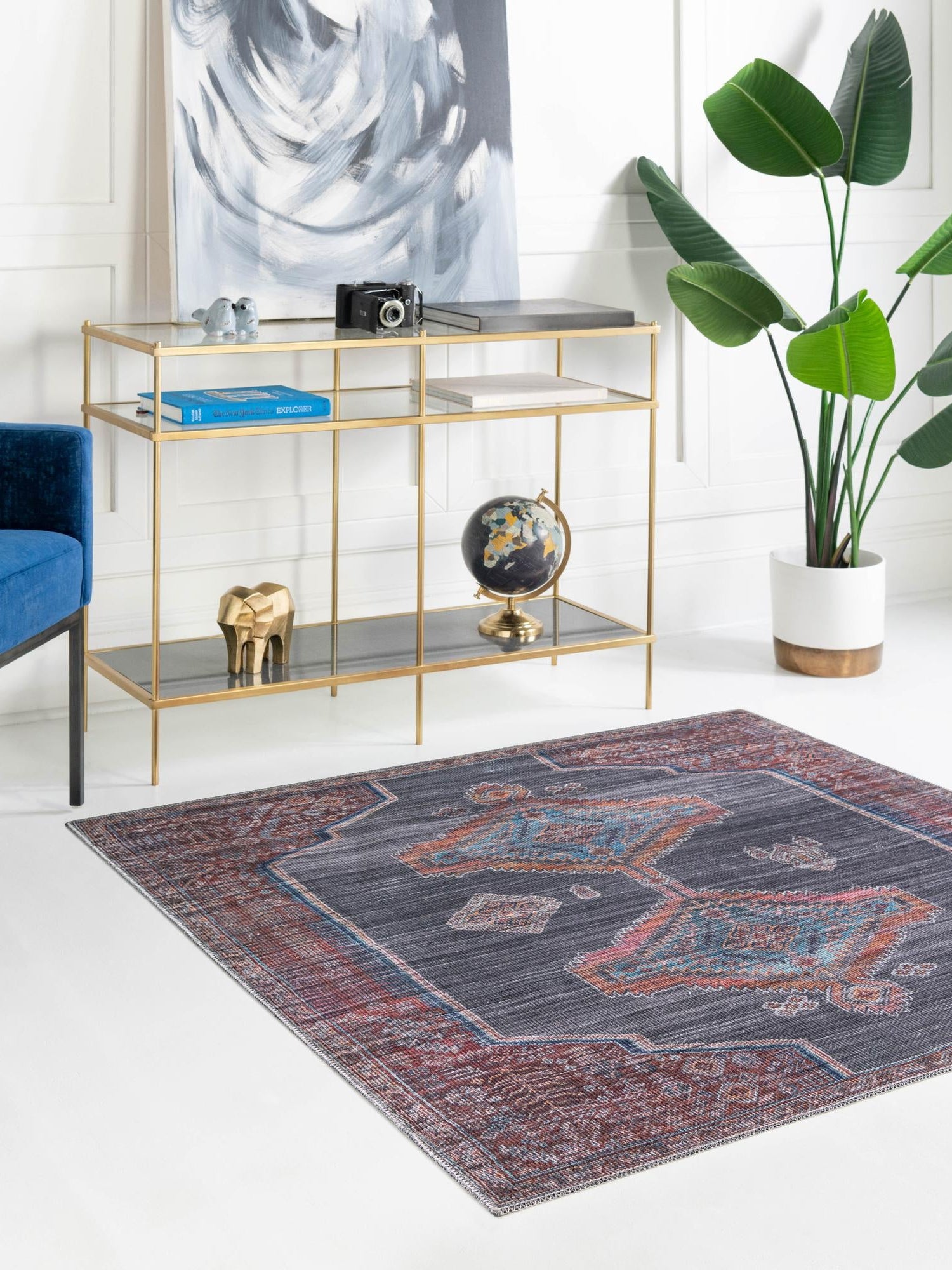 Washable Charcoal and Gray 7' 3 x 7' 3 Sisu Square Area Rug Easy to Clean Stain Resistant & Durable Polyester Chenille Distressed Vintage Look Carpet for Sale at Rug Engine