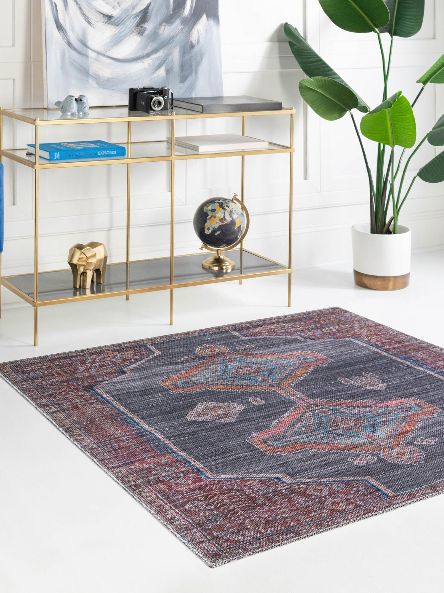 Washable Charcoal and Gray 7' 3 x 7' 3 Sisu Square Area Rug Easy to Clean Stain Resistant & Durable Polyester Chenille Distressed Vintage Look Carpet for Sale at Rug Engine