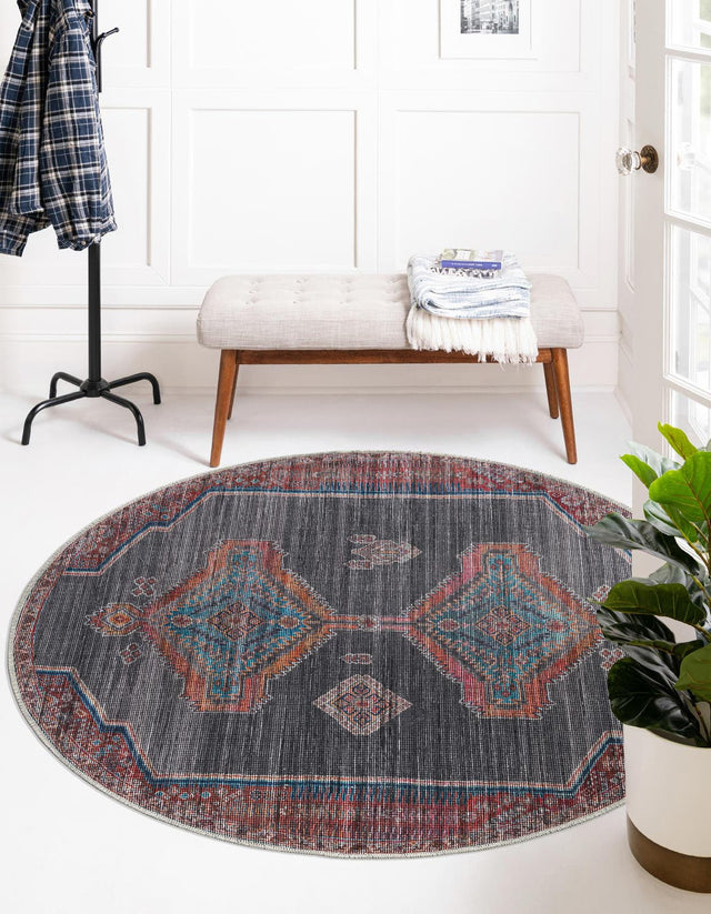 Washable Charcoal and Gray 4' 1 x 4' 1 Sisu Round Area Rug Easy to Clean Stain Resistant & Durable Polyester Chenille Distressed Vintage Look Carpet for Sale at Rug Engine