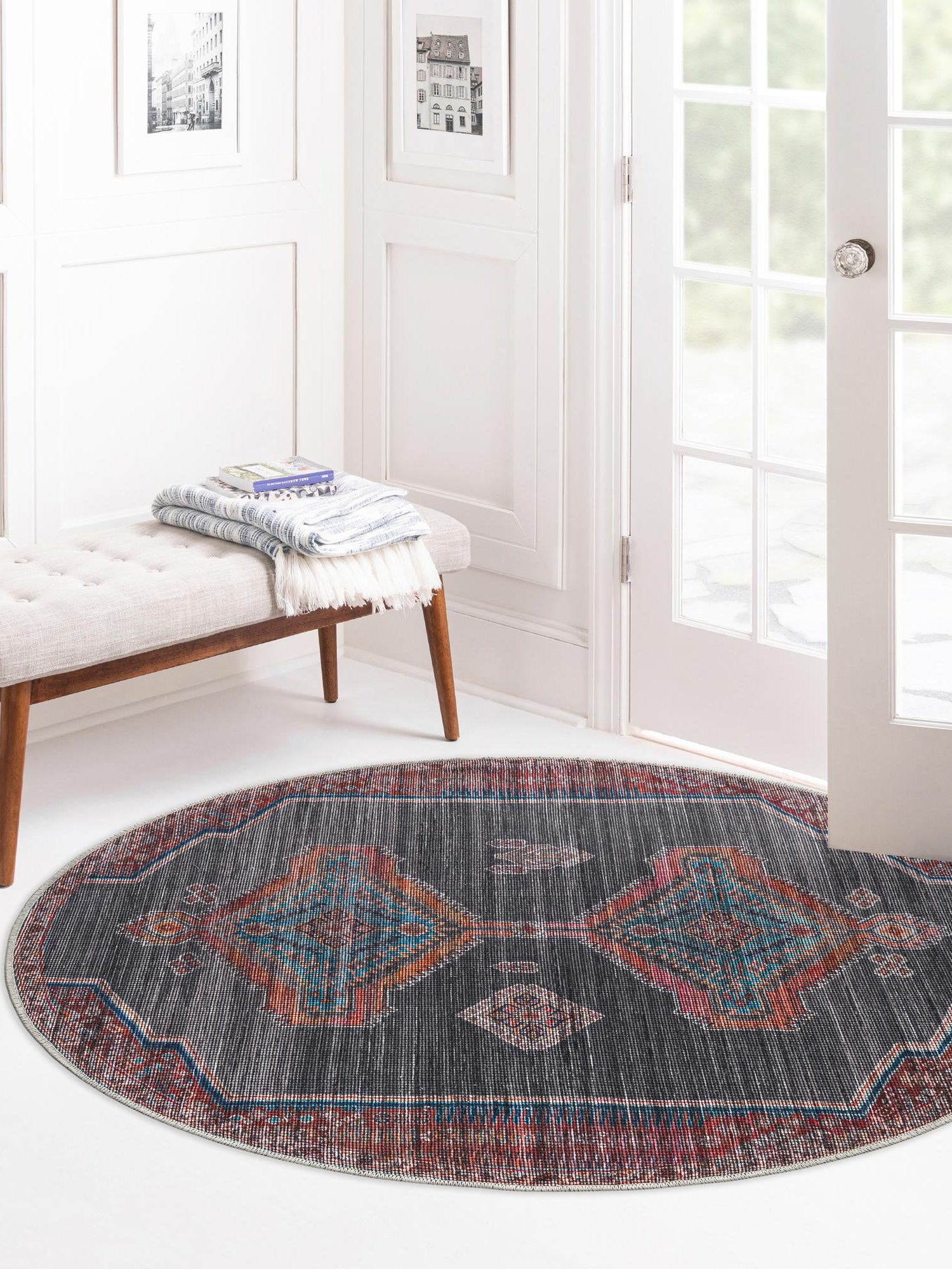 Washable Charcoal and Gray 4' 1 x 4' 1 Sisu Round Area Rug Easy to Clean Stain Resistant & Durable Polyester Chenille Distressed Vintage Look Carpet for Sale at Rug Engine