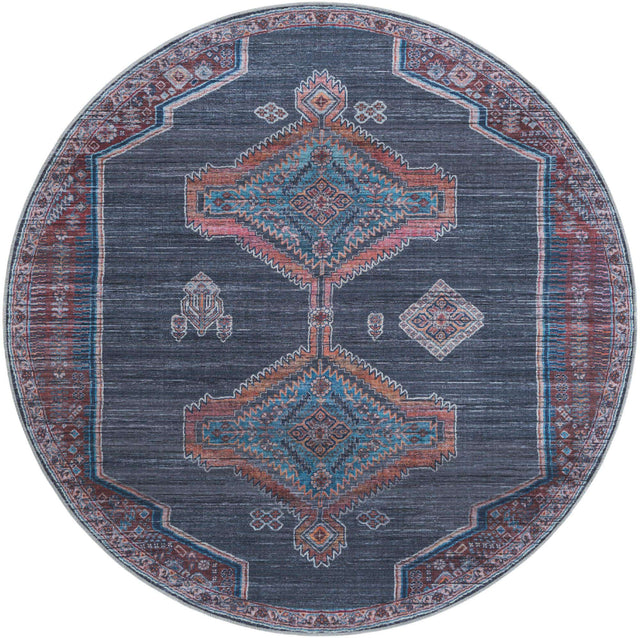 Washable Charcoal and Gray 7' 10 x 7' 10 Sisu Round Area Rug Easy to Clean Stain Resistant & Durable Polyester Chenille Distressed Vintage Look Carpet for Sale at Rug Engine