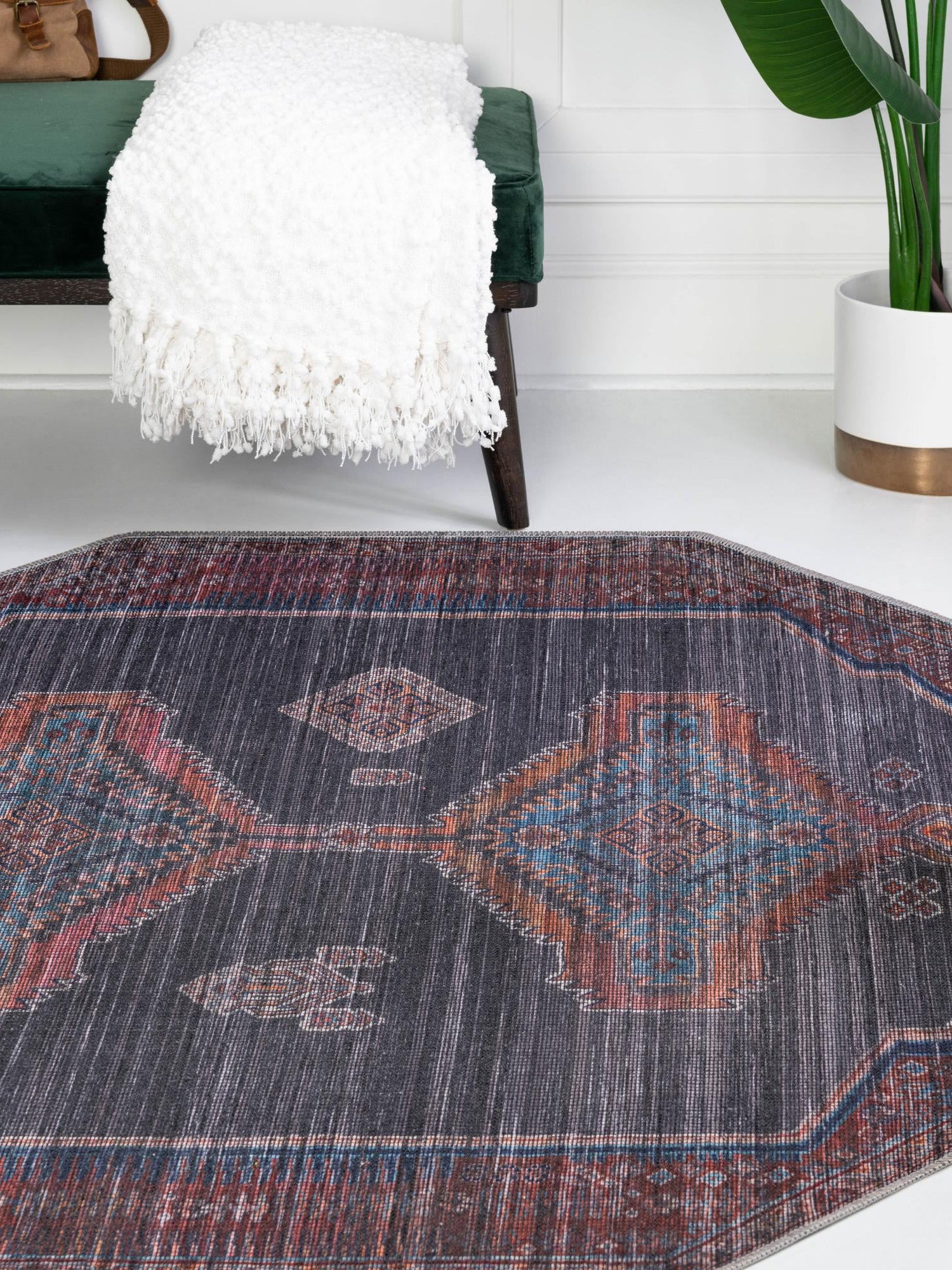 Washable Charcoal and Gray 7' 10 x 7' 10 Sisu Octagon Area Rug Easy to Clean Stain Resistant & Durable Polyester Chenille Distressed Vintage Look Carpet for Sale at Rug Engine
