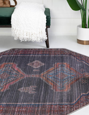 Washable Charcoal and Gray 7' 10 x 7' 10 Sisu Octagon Area Rug Easy to Clean Stain Resistant & Durable Polyester Chenille Distressed Vintage Look Carpet for Sale at Rug Engine